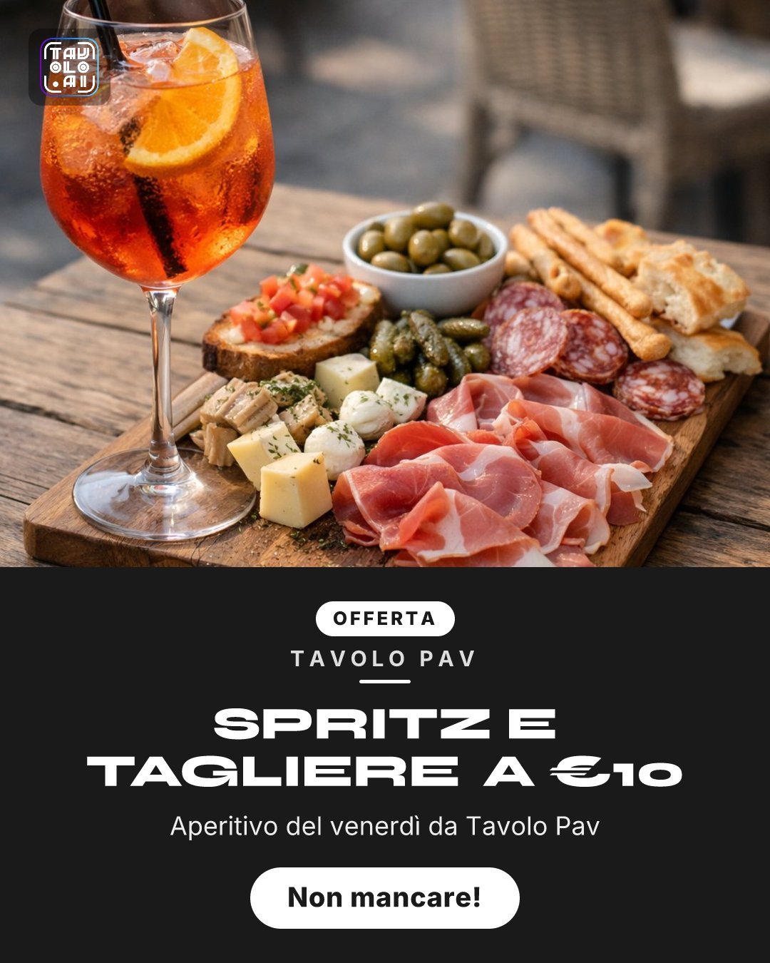 Locandina aperitivo con tagliere creata con TavoloAI